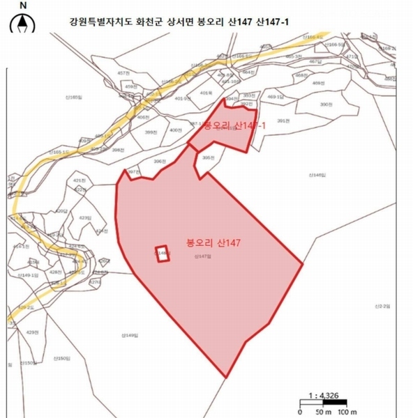 2024타경51904 강원특별자치도 화천군 상서면 봉오리 산147-1 임야 경매 이미지