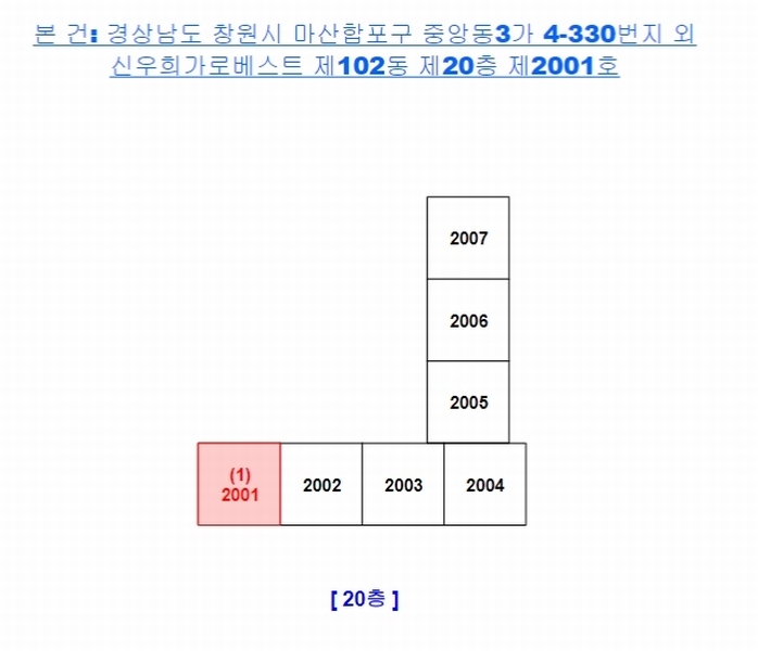 2020타경104848 경상남도 창원시 마산합포구 중앙북1길 19, 신우희가로베스트 102동 20층 2001호 아파트[공급23평형] 경매 이미지