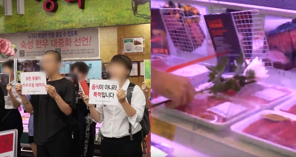 고깃집에서 '방해시위' 하던 동물권 활동가들, 마트 정육 코너에서도 시위